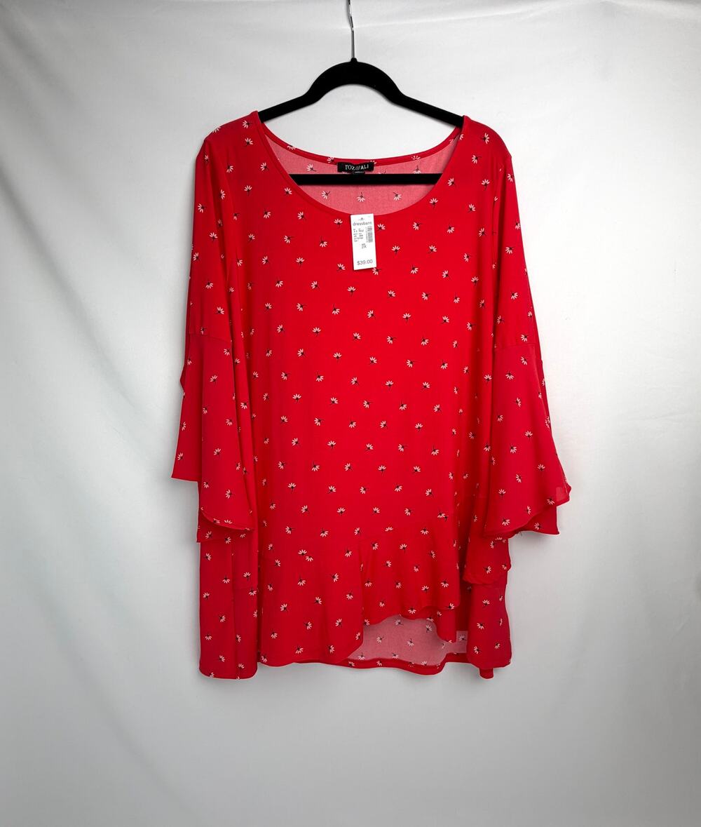 Roz & Ali Womens 2X Red Floral Bell Sleeve Ruffle Hem Tunic Blouse NWT Dressbarn